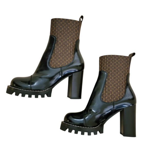 Louis Vuitton Glossy Black and Textured Brown Booties - Picture 6 of 15